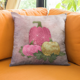 Autumn Fall Pillow/ Pink And Gold Glam Pumpkins With Green Glitter Imaged Oak Leaves Decor
