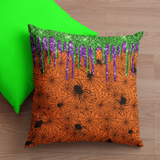 Halloween Throw Pillow/ Creepy Black Spiders On Orange Background With Glitter Imaged Glam Green, And Purple Drips Decor