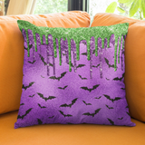 Halloween Throw Pillow/ Purple Glam Imaged Foil With Black Bats Adorned With Green And Purple Glitter Imaged Drips Decor