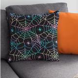 Halloween Throw Pillow/ Retro Neon Green, Pink And Blue Spiders And Webs Decor
