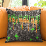 Halloween Throw Pillow/ Neon Green Spiders With Glitter Imaged Glam Green, Orange And Black Drips Decor