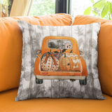 Halloween Throw Pillow/ Harvest Orange Pickup Truck With Pumpkins, Cute Ghost And Witch Decor