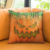 Halloween Throw Pillow/ Evil Jack Olantern Pumpkin With Green And Orange Glitter Imaged Drips Decor