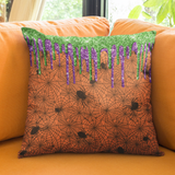 Halloween Throw Pillow/ Creepy Black Spiders On Orange Background With Glitter Imaged Glam Green, And Purple Drips Decor