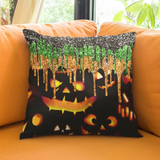 Halloween Throw Pillow/ Spooky Jack O Lanterns With Purple And Green Glitter Imaged Drips Decor