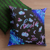 Halloween Throw Pillow/ Boo Glam Blue Ghosts, Witch Hat, Pumpkins, Moon And Stars Decor