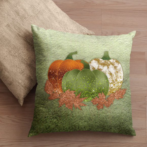 Autumn Fall Pillow/ Green, Orange, Gold Marble Glam Pumpkin Trio With Copper Glitter Imaged Oak Leaves Decor