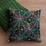 Halloween Throw Pillow/ Retro Neon Green, Pink And Blue Spiders And Webs Decor