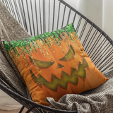 Halloween Throw Pillow/ Evil Jack Olantern Pumpkin With Green And Orange Glitter Imaged Drips Decor