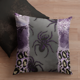 Halloween Throw Pillow/ Spider Glam Purple Leopard Print Glitter Imaged Border Tears Decor