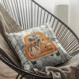 Halloween Throw Pillow/ Harvest Orange Pickup Truck With Pumpkins, Cute Ghost And Witch Decor