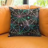 Halloween Throw Pillow/ Retro Neon Green, Pink And Blue Spiders And Webs Decor