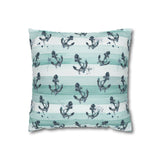 Tonal Aqua Stripes, Coastal Beach Theme Pillow Cover With Navy Nautical Anchor Pattern