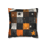 Halloween Pillow Cover/ Black, Orange And White Check Pattern With Stars Grunge Decor