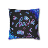 Halloween Pillow Cover/ Boo Glam Blue And Purple Ghosts, Witch Hat, Pumpkins, Moon And Stars
