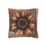 Fall Pillow Cover/ Leopard Print Chestnut Brown, Orange And Cream Autumn Sunflower On Rustic Farmhouse Wood
