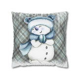Christmas Throw Pillow Cover/ Cute Snowman Blue Mittens And Plaid Winter Holiday Decor