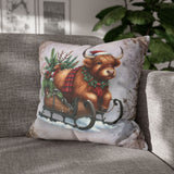Christmas Throw Pillow Cover/ Highland Cow Old Fashion Sleigh Snowflakes Winter Holiday Decor