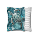 Coastal Sea Turtle Pillow Cover, Aqua Blue Ocean Waves Beach Foam Bubbles, Home Decor Gift, Coastal Throw
