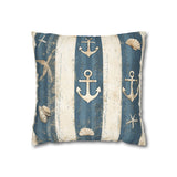 Nautical Coastal Blue Tonal Stripes Starfish Anchor Seashell Sand Texture Grunge Creamy White, Home Decor, Beach Pillow Cover