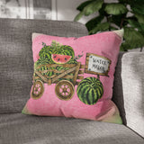Watermelon Throw Pillow Cover/ Watercolor Pink Green Watermelon Harvest Farmhouse Wood Cart Sign Summer Décor