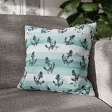 Tonal Aqua Stripes, Coastal Beach Theme Pillow Cover With Navy Nautical Anchor Pattern