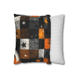 Halloween Pillow Cover/ Black, Orange And White Check Pattern With Stars Grunge Decor