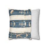 Nautical Coastal Blue Tonal Stripes Starfish Anchor Seashell Sand Texture Grunge Creamy White, Home Decor, Beach Pillow Cover