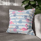 Flamingo Throw Pillow Cover/ Striped Tropical Flamingo, Pineapple Leaves Pink And Dusty Blue Summer Pillow Décor