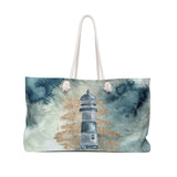 Nautical Tote Rope Handle Bag/ Navy Lighthouse Seashells Watercolor Coastal Tropical Large Weekender Beach Bag