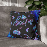 Halloween Pillow Cover/ Boo Glam Blue And Purple Ghosts, Witch Hat, Pumpkins, Moon And Stars