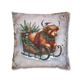 Christmas Throw Pillow Cover/ Highland Cow Old Fashion Sleigh Snowflakes Winter Holiday Decor