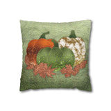 Fall Pillow Cover/ Green, Orange, Gold Marbled Pumpkin Trio With Copper Autumn Leaves Decor