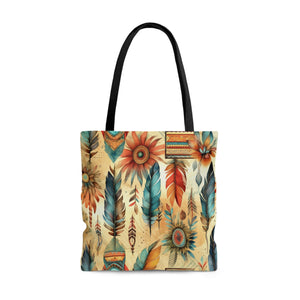 Aztec Tote/ Southwestern Boho Tribal Blue Feathers And Flowers Large Bag  