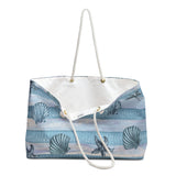 Nautical Tote Rope Handle Bag/ Blue Stripe Watercolor Seashell Illustration Coastal Tropical Large Weekender Beach Bag
