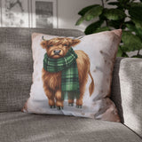 Christmas Throw Pillow Cover/ Highland Cow Watercolor Green Scarf Snowflakes Winter Holiday Decor