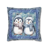 Christmas Throw Pillow Cover/ Winter Blue Watercolor Penguins With Scarves Holiday Decor