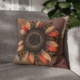 Fall Pillow Cover/ Leopard Print Chestnut Brown, Orange And Cream Autumn Sunflower On Rustic Farmhouse Wood