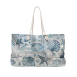 Nautical Tote Rope Handle Bag/ Beige White Stripe Watercolor Blue Seashells And Fish Coastal Tropical Large Weekender Beach Bag
