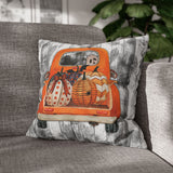 Halloween Pillow Cover/ Harvest Orange Pickup Truck With Pumpkins, Cute Ghost And Witch Decor