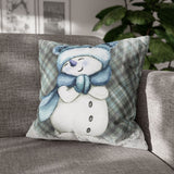 Christmas Throw Pillow Cover/ Cute Snowman Blue Mittens And Plaid Winter Holiday Decor