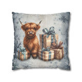 Christmas Throw Pillow Cover/ Highland Cow Watercolor Gifts And Snowflakes Winter Holiday Decor