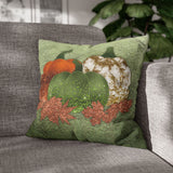 Fall Pillow Cover/ Green, Orange, Gold Marbled Pumpkin Trio With Copper Autumn Leaves Decor