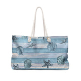 Nautical Tote Rope Handle Bag/ Blue Stripe Watercolor Seashell Illustration Coastal Tropical Large Weekender Beach Bag