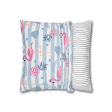 Flamingo Throw Pillow Cover/ Striped Tropical Flamingo, Pineapple Leaves Pink And Dusty Blue Summer Pillow Décor
