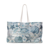 Nautical Tote Rope Handle Bag/ Beige White Stripe Watercolor Blue Seashells And Fish Coastal Tropical Large Weekender Beach Bag