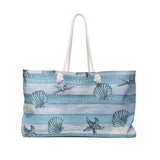 Nautical Tote Rope Handle Bag/ Blue Stripe Watercolor Seashell Illustration Coastal Tropical Large Weekender Beach Bag