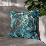 Coastal Sea Turtle Pillow Cover, Aqua Blue Ocean Waves Beach Foam Bubbles, Home Decor Gift, Coastal Throw