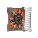 Fall Pillow Cover/ Leopard Print Chestnut Brown, Orange And Cream Autumn Sunflower On Rustic Farmhouse Wood