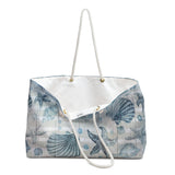 Nautical Tote Rope Handle Bag/ Beige White Stripe Watercolor Blue Seashells And Fish Coastal Tropical Large Weekender Beach Bag